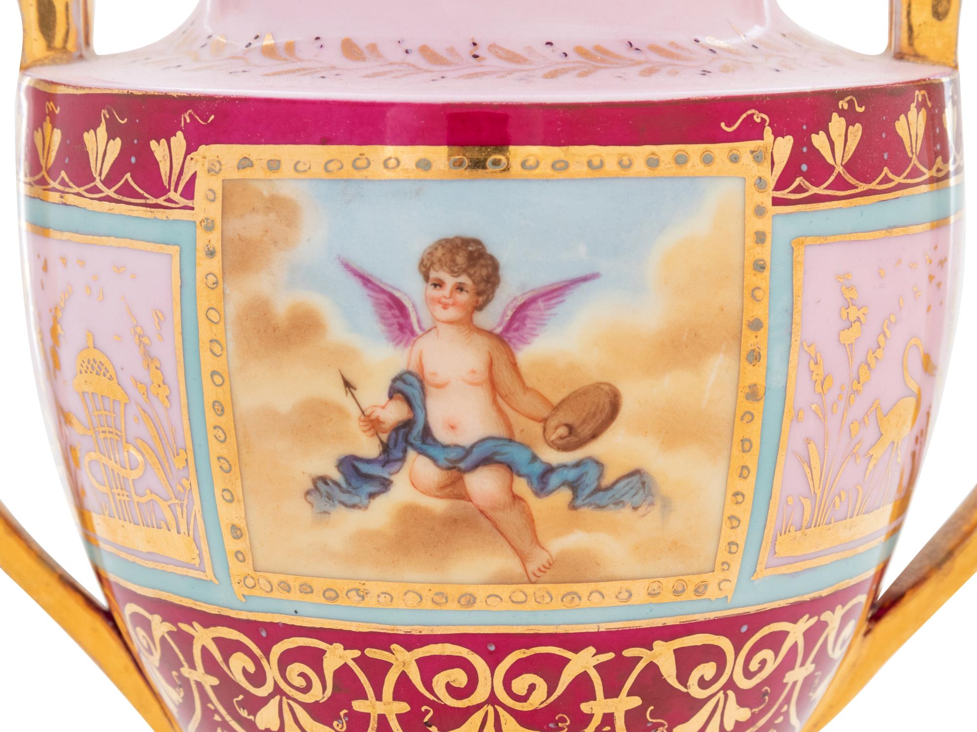 A Pair of Vienna Painted Porcelain Covered Urns and Stands