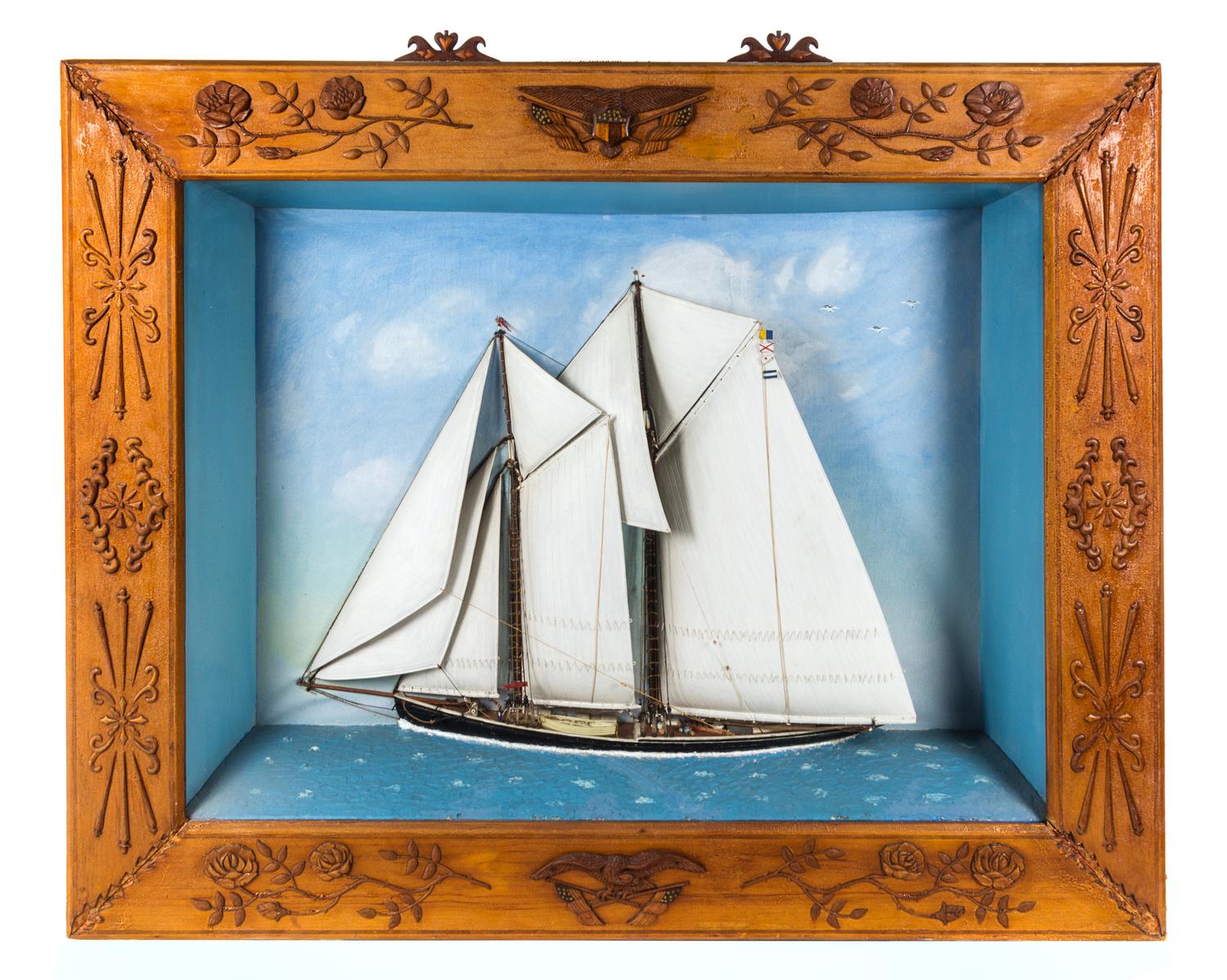 A Painted Shadow Box Model of a Schooner, the Rose Dorothea Height of case 40 x width 48 1/2 x depth 7 3/4 inches. — PROVINCETOWN, CIRCA 1915