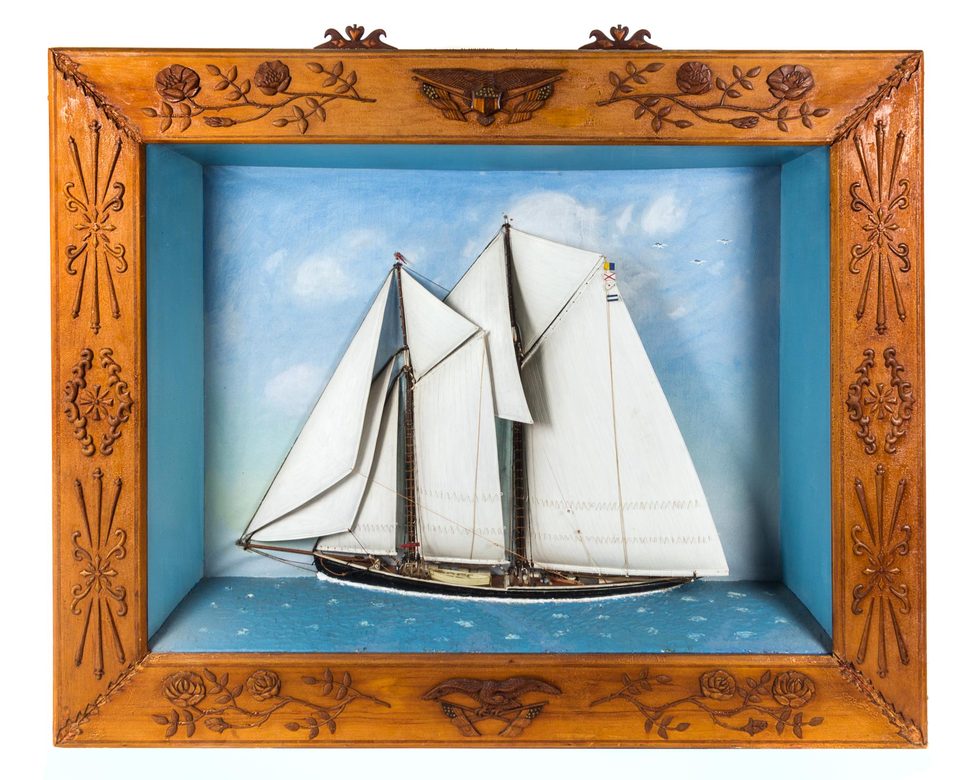 A Painted Shadow Box Model of a Schooner, the Rose Dorothea Height of case 40 x width 48 1/2 x depth 7 3/4 inches. — PROVINCETOWN, CIRCA 1915