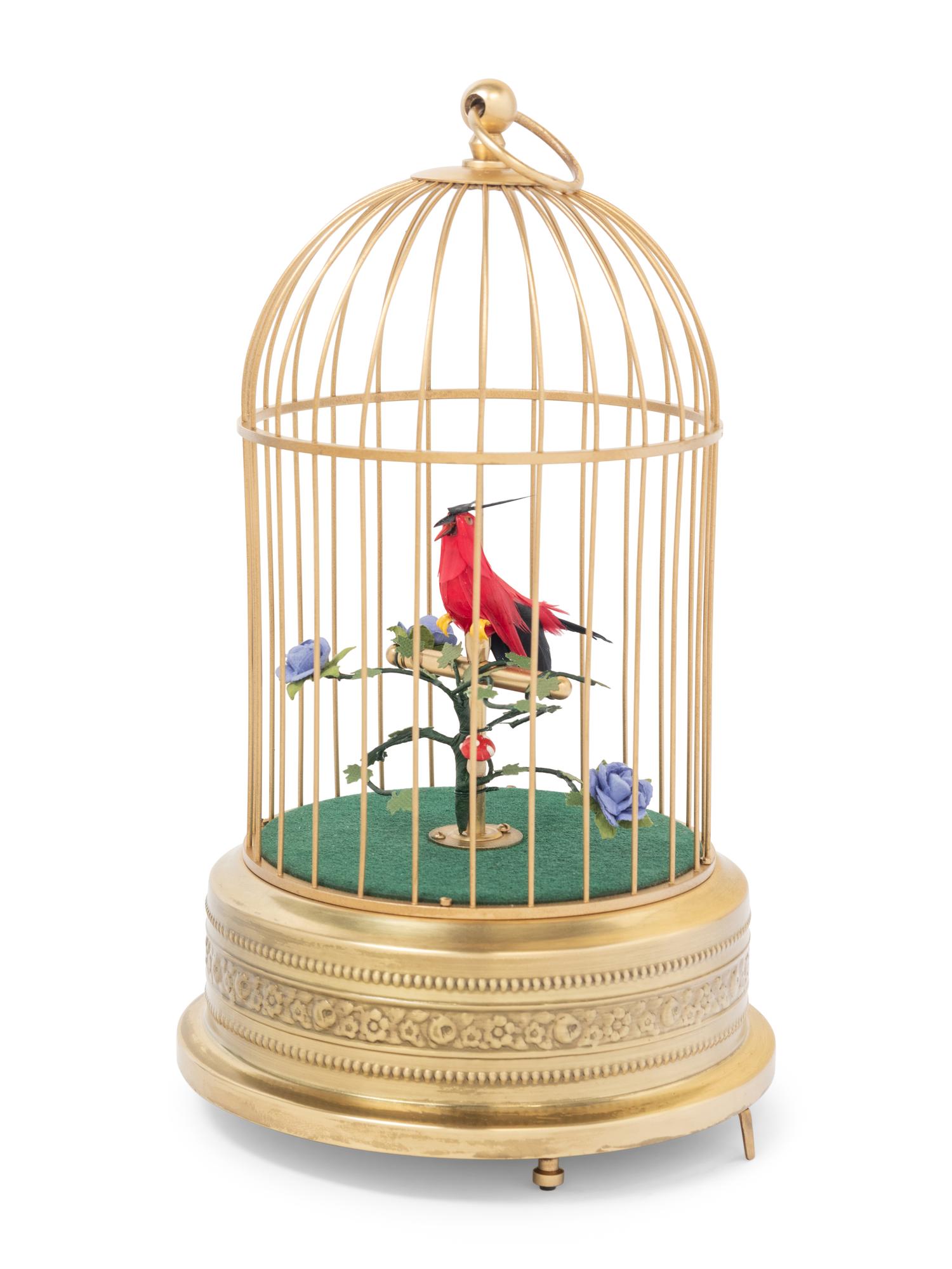 A German Gilt Metal Singing Automaton Bird Cage by Uhren Hauser