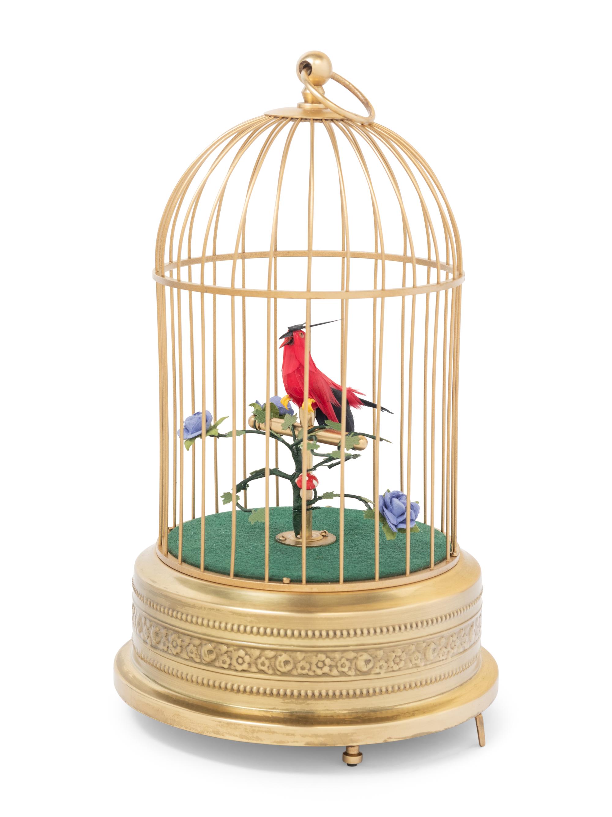 A German Gilt Metal Singing Automaton Bird Cage by Uhren Hauser