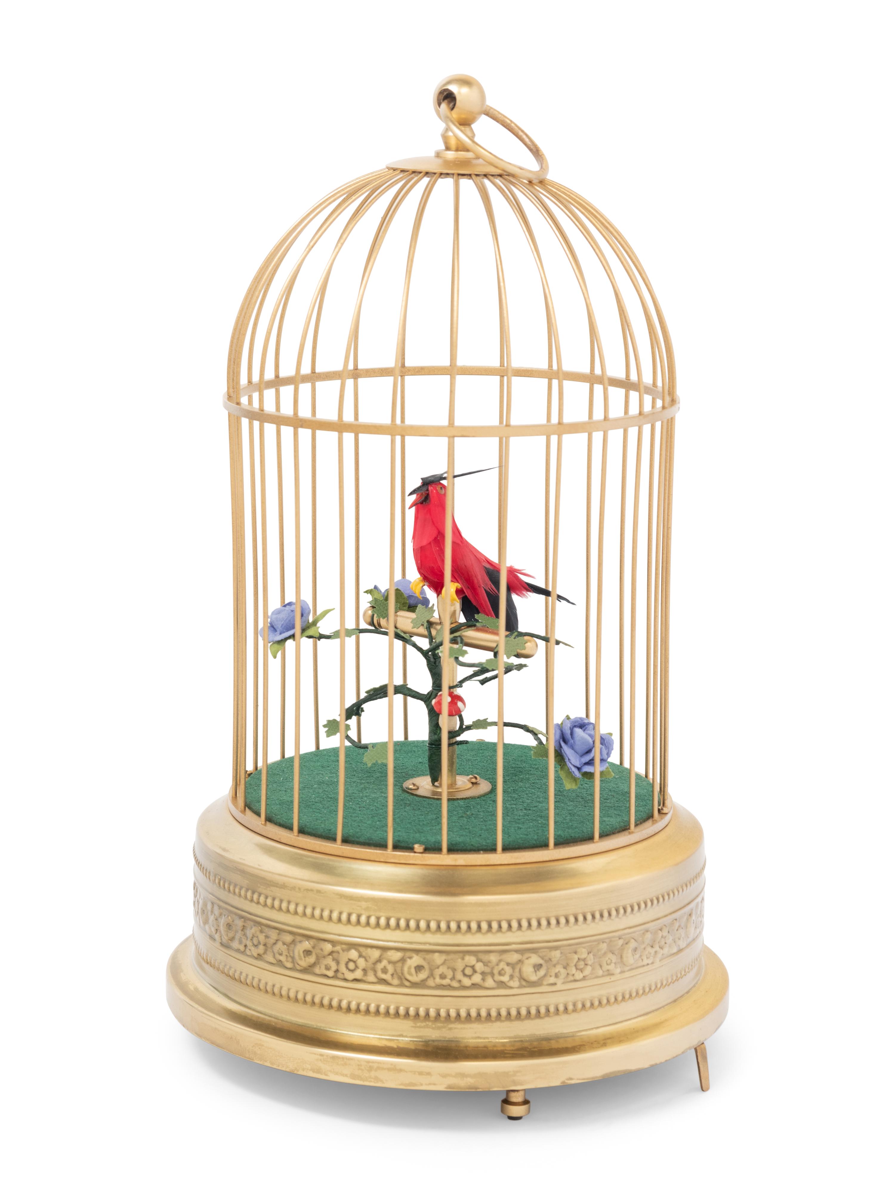 A German Gilt Metal Singing Automaton Bird Cage by Uhren Hauser