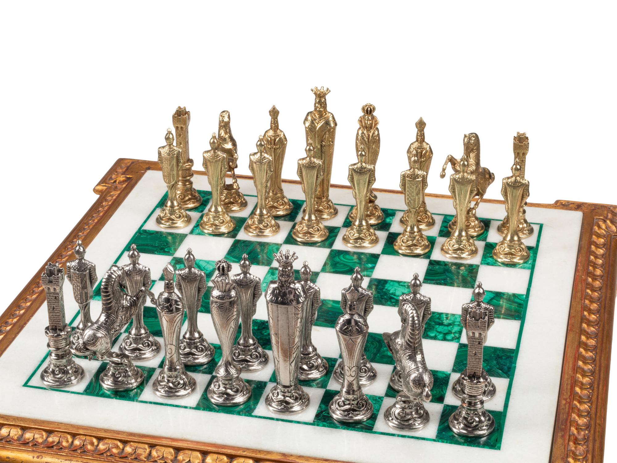 An Italian Neoclassical Style Giltwood Marble and Malachite-Top Chess Table
