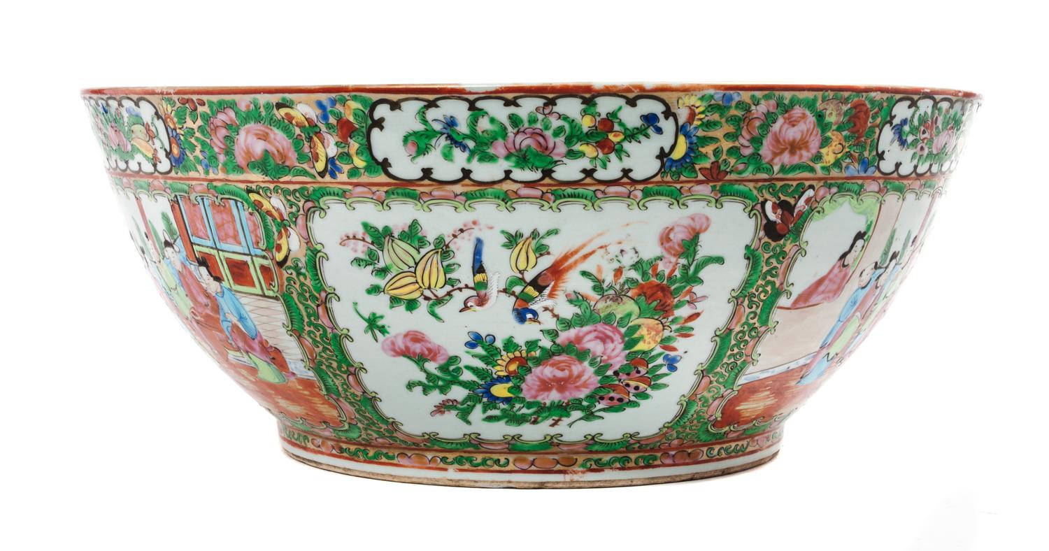 A Chinese Export Rose Medallion Porcelain Footed Punch Bowl Height 6 1/2 x diameter 16 inches. — 19TH CENTURY