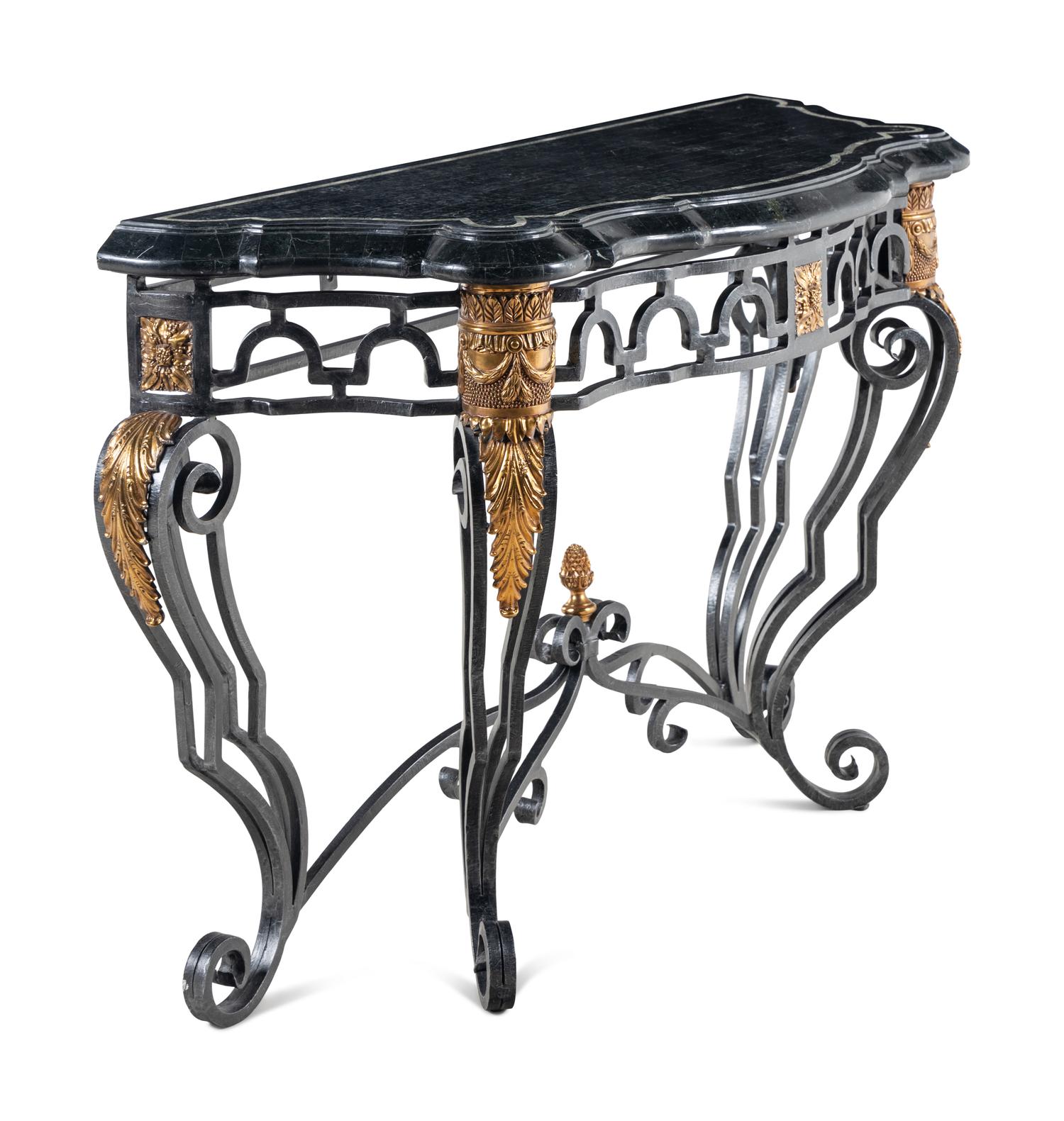 A Gilt Metal and Steel Marble-Top Console Table