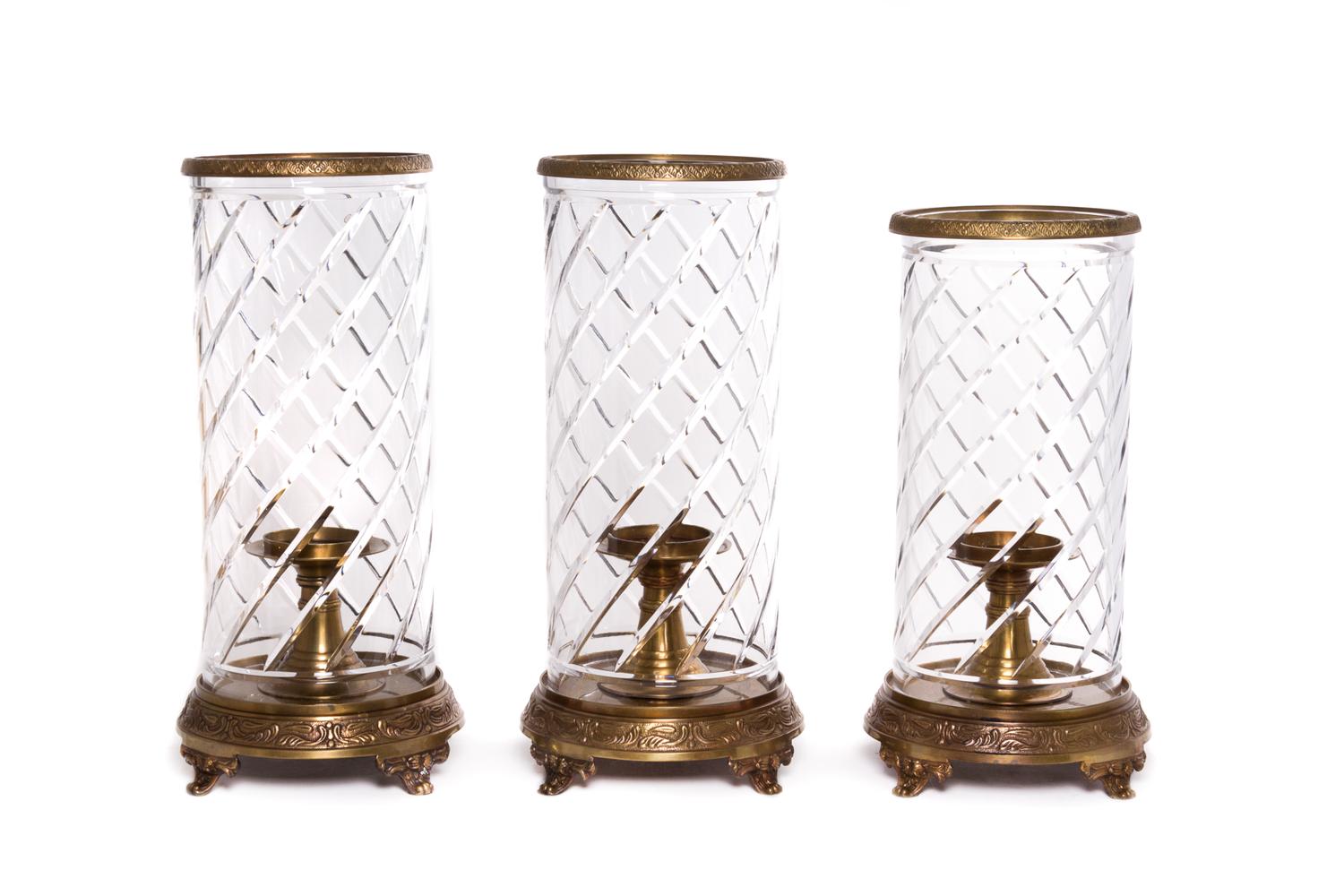 A Set of Three Brass and Cut Glass Hurricanes Height 18 3/4 inches. — 20TH CENTURY