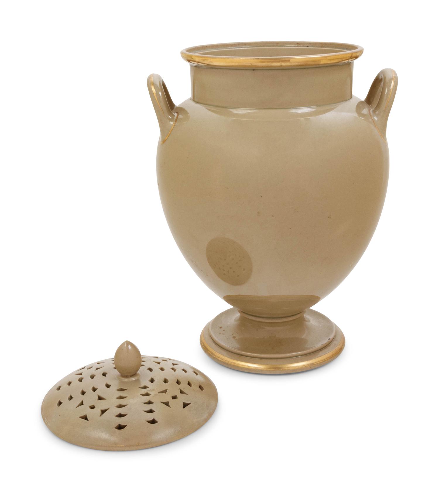 An English Parcel Gilt Porcelain Potpourri Jar and Pierced Cover