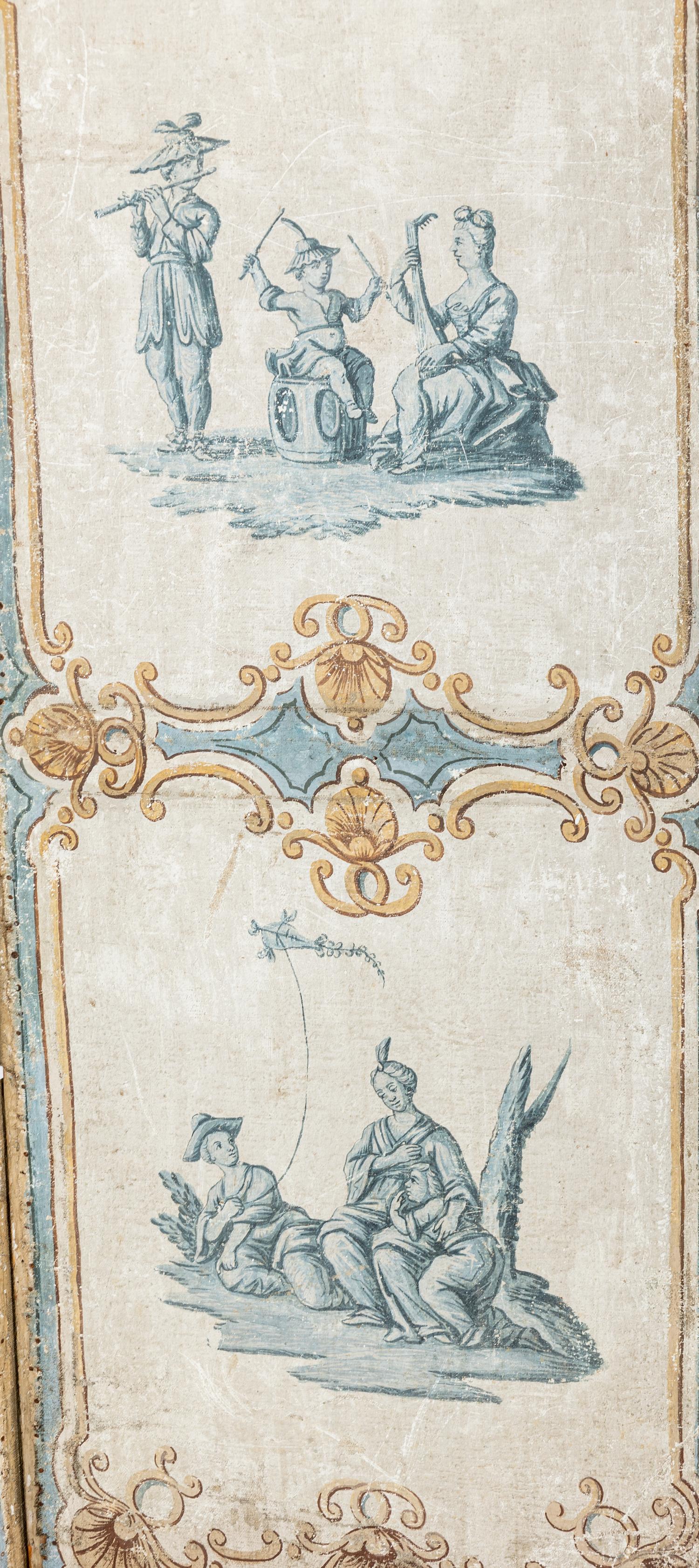 A Louis XV Painted Canvas Five-Panel Floor Screen