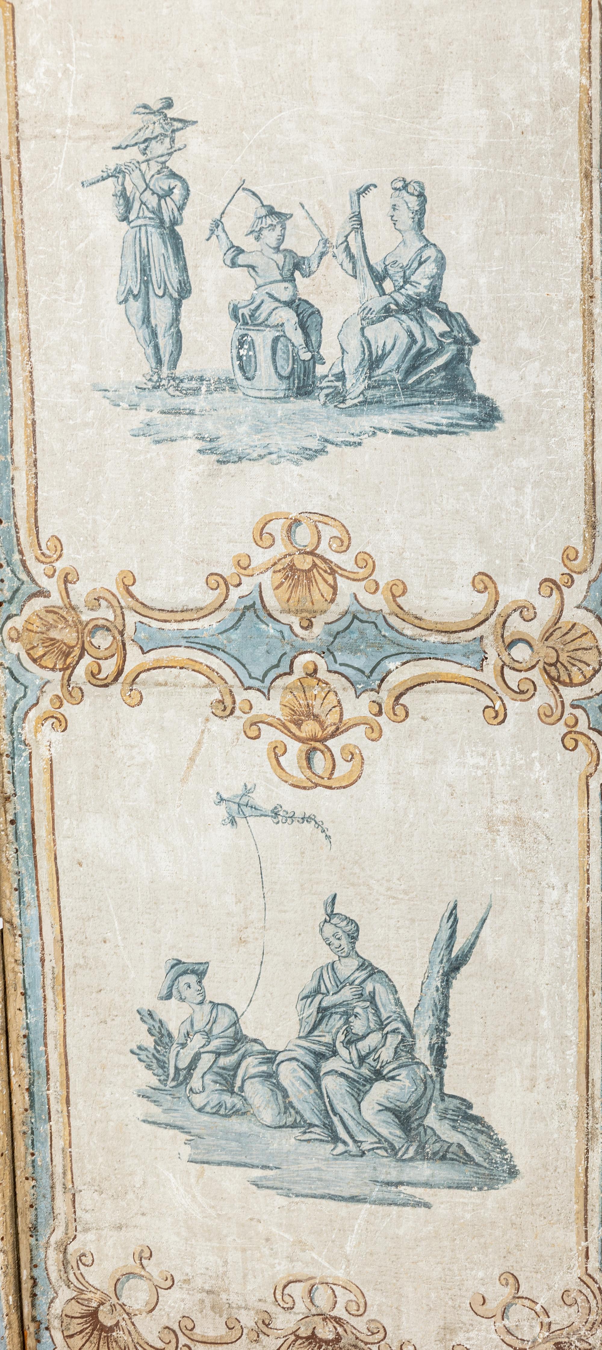 A Louis XV Painted Canvas Five-Panel Floor Screen