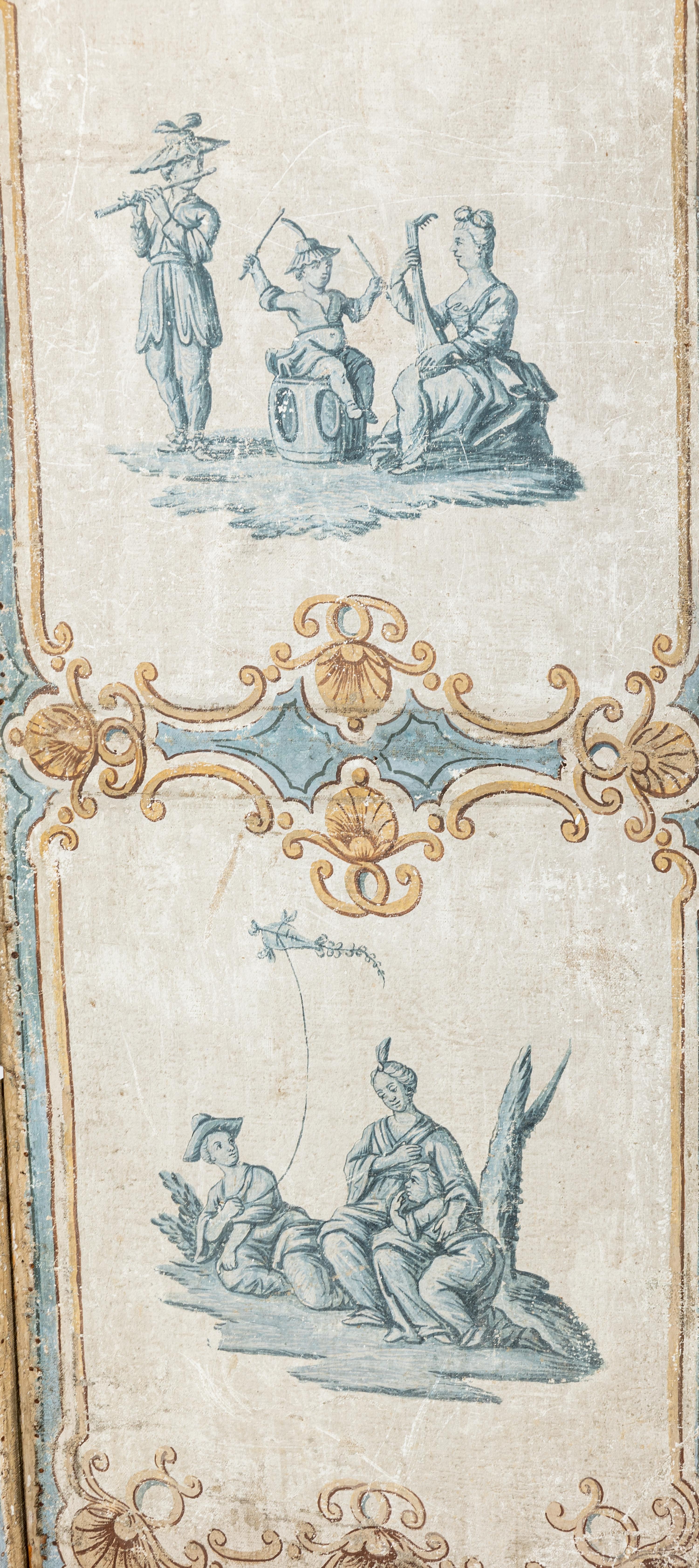A Louis XV Painted Canvas Five-Panel Floor Screen