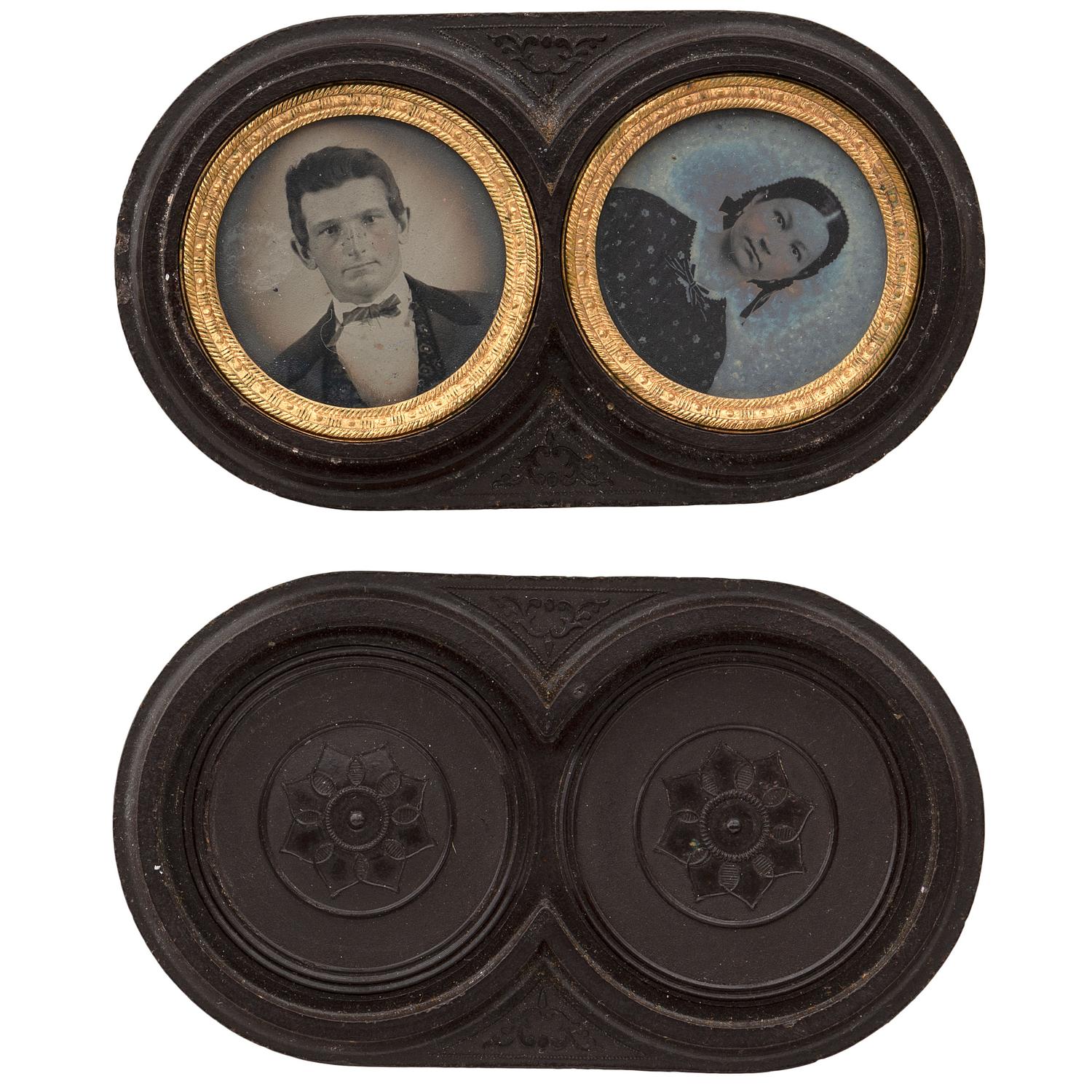 [EARLY PHOTOGRAPHY - UNION CASES]. A Very Rare geometric "double oreo" case containing tintype portraits of a man and woman [Berg 3-451/3-452].