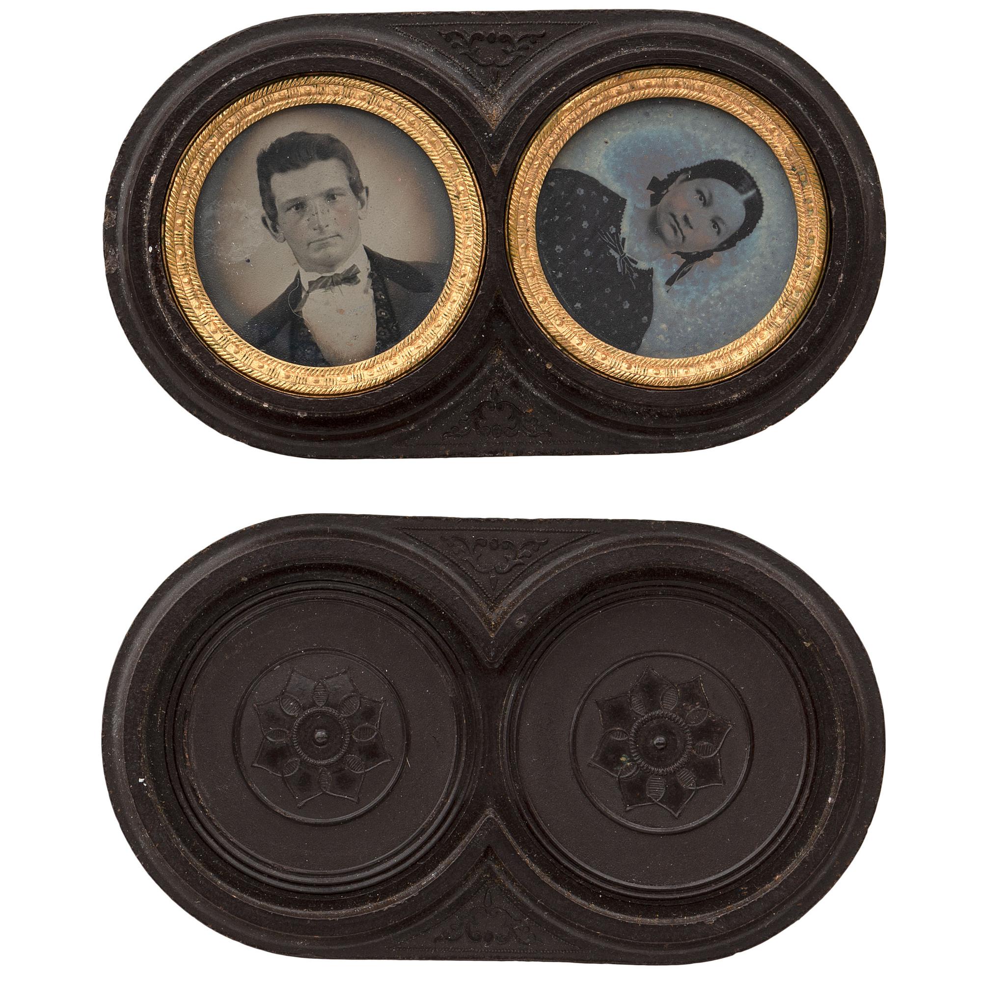 [EARLY PHOTOGRAPHY - UNION CASES]. A Very Rare geometric "double oreo" case containing tintype portraits of a man and woman [Berg 3-451/3-452].