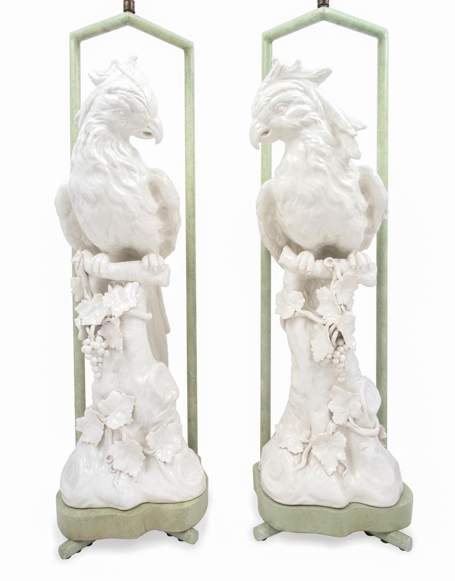 A Pair of Italian Blanc-de-Chine Porcelain Parrots