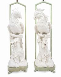 A Pair of Italian Blanc-de-Chine Porcelain Parrots