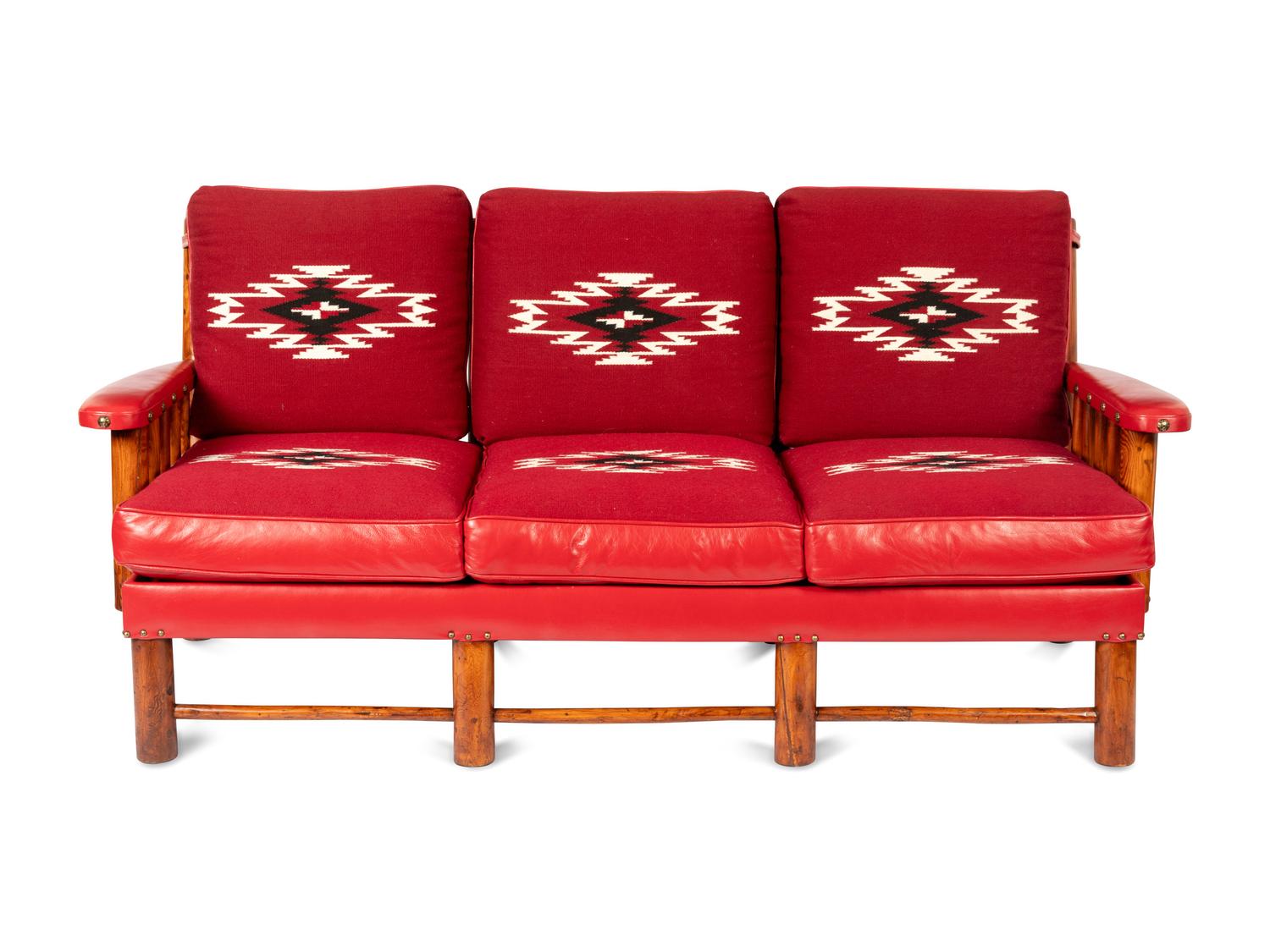 Spindle Sided Couch with leather and Chimayo Weavings, circa 1945