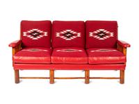 Spindle Sided Couch with leather and Chimayo Weavings, circa 1945