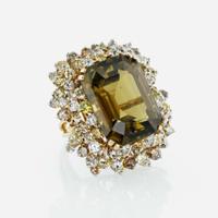 A Natural Tourmaline, Diamond, and 18K Yellow Gold Ring