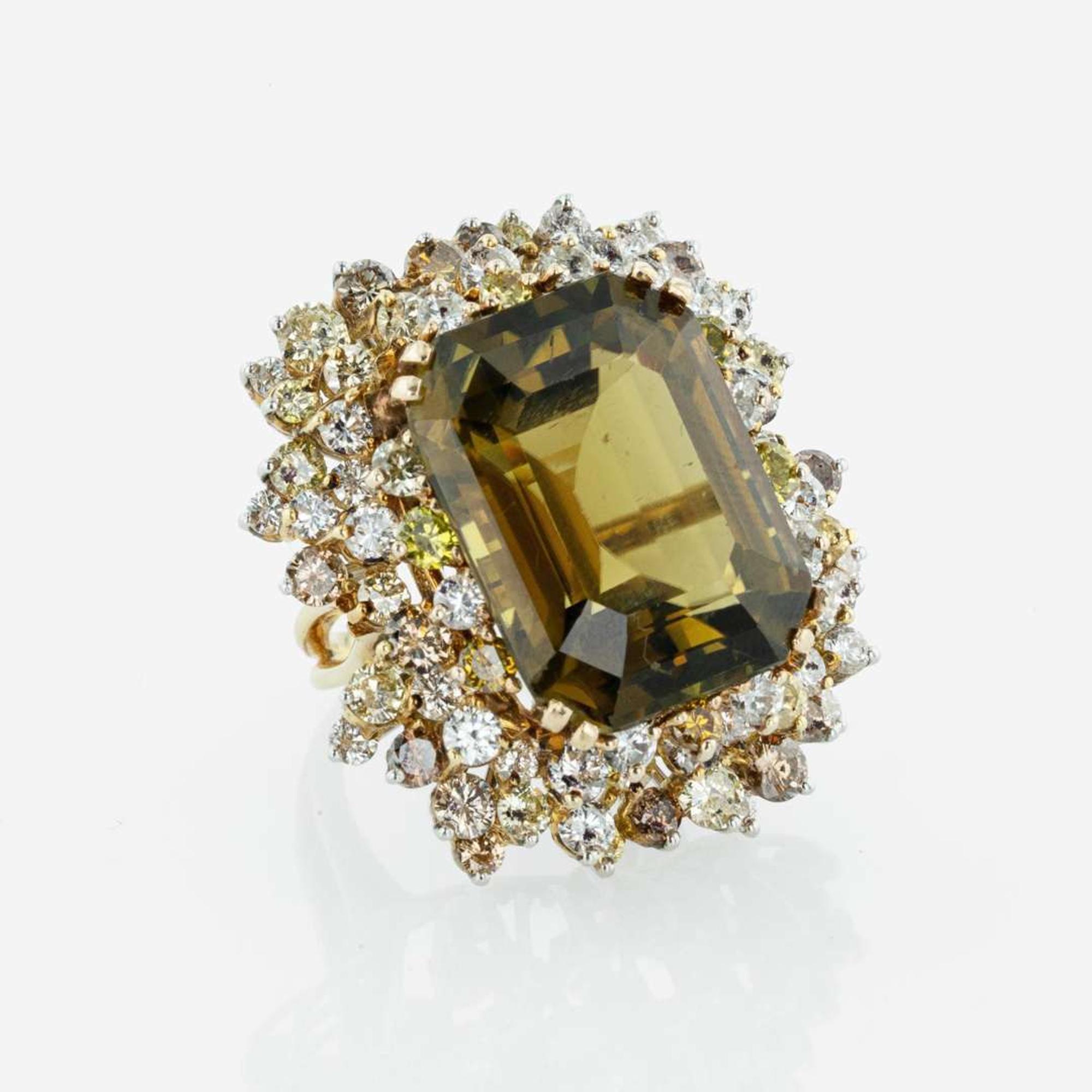 A Natural Tourmaline, Diamond, and 18K Yellow Gold Ring