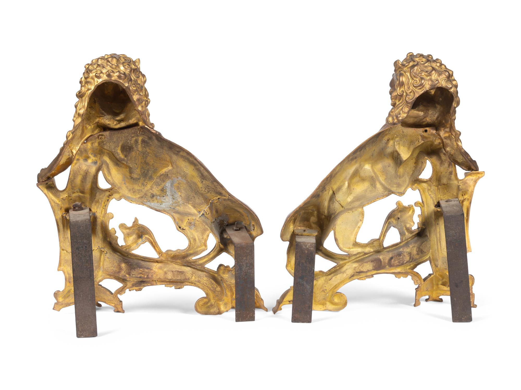 A Pair of English Gilt Bronze Lion-Form Chenets