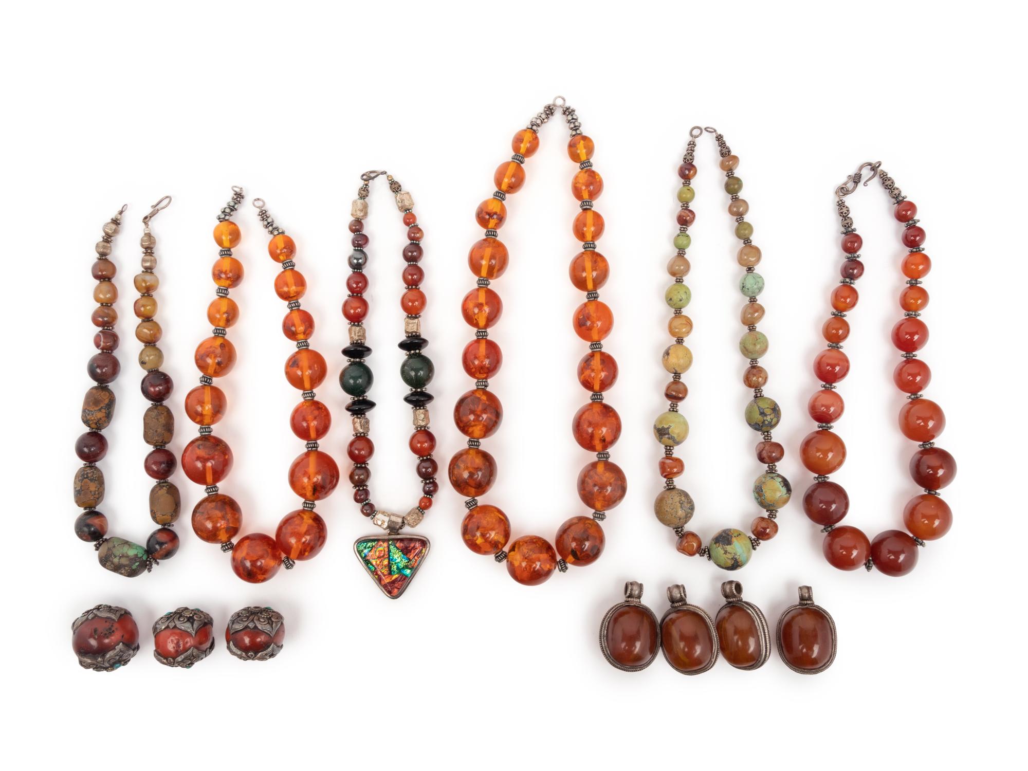 A Group of Six Beaded Necklaces and Seven Pendants