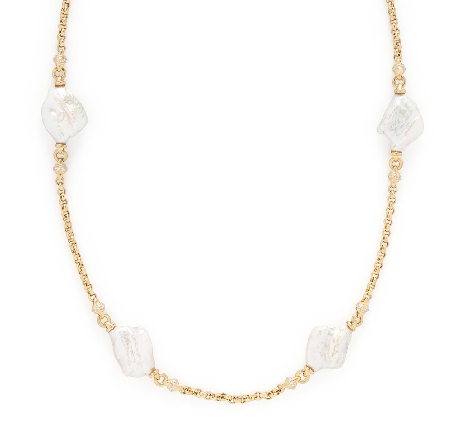 YELLOW GOLD, BAROQUE CULTURED PEARL, AND DIAMOND NECKLACE