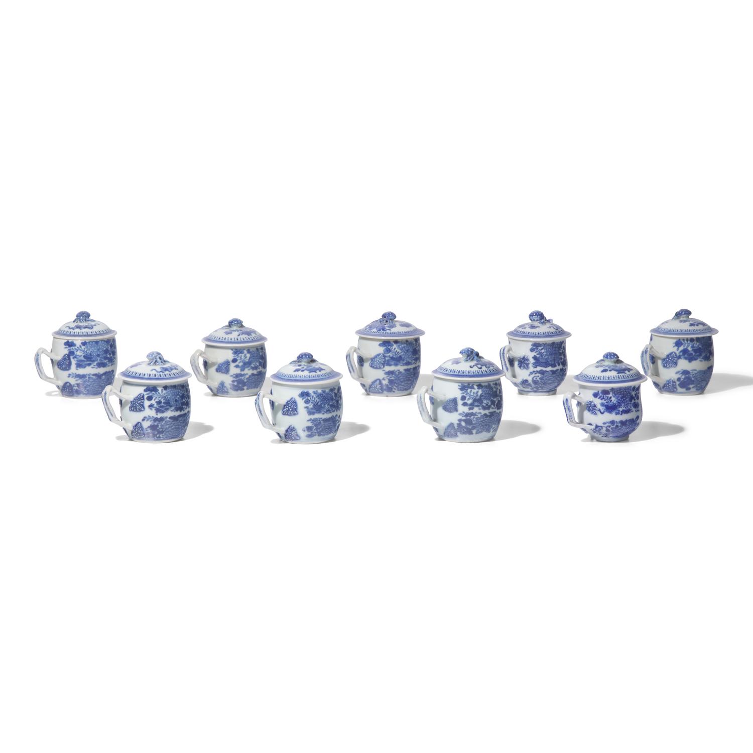A Group of Nine Chinese Export Porcelain Fitzhugh Syllabub Cups and Covers