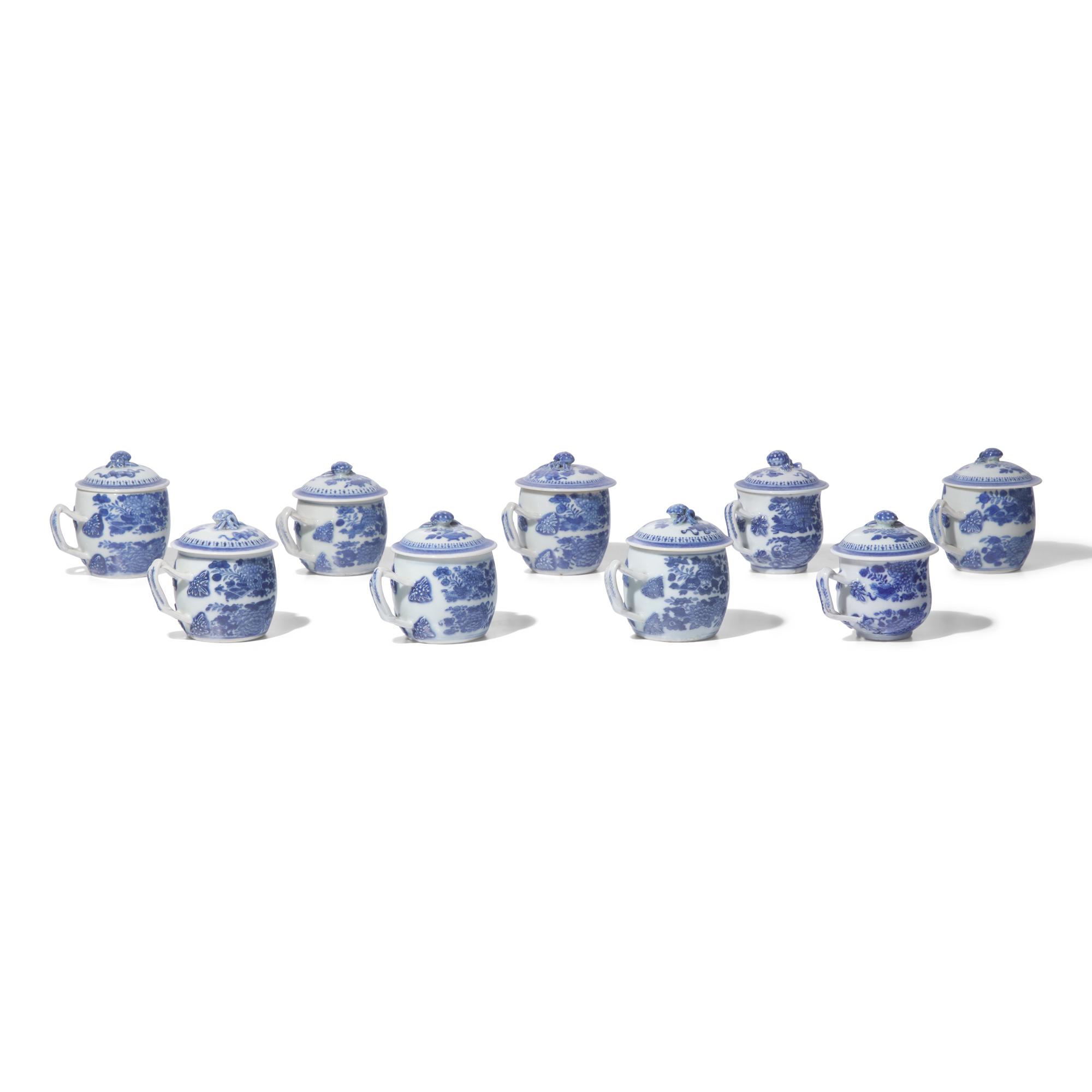A Group of Nine Chinese Export Porcelain Fitzhugh Syllabub Cups and Covers