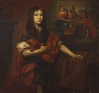 Circle of Adriaen Hanneman (Dutch, 1601-1671) — Young Man in Interior, with the Virgin, Christ Child, and Saint Peter in the Distance