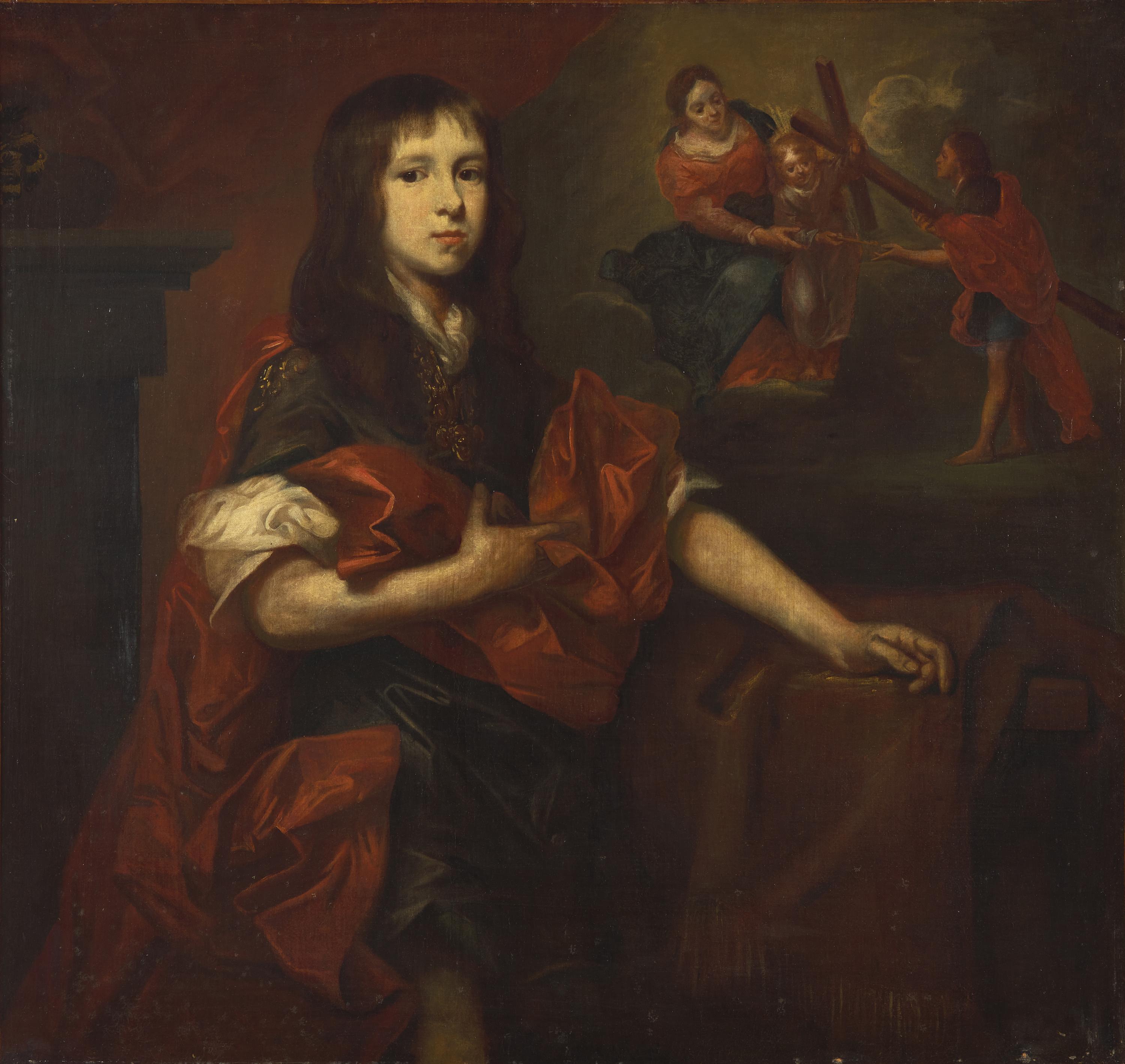 Circle of Adriaen Hanneman (Dutch, 1601-1671) — Young Man in Interior, with the Virgin, Christ Child, and Saint Peter in the Distance