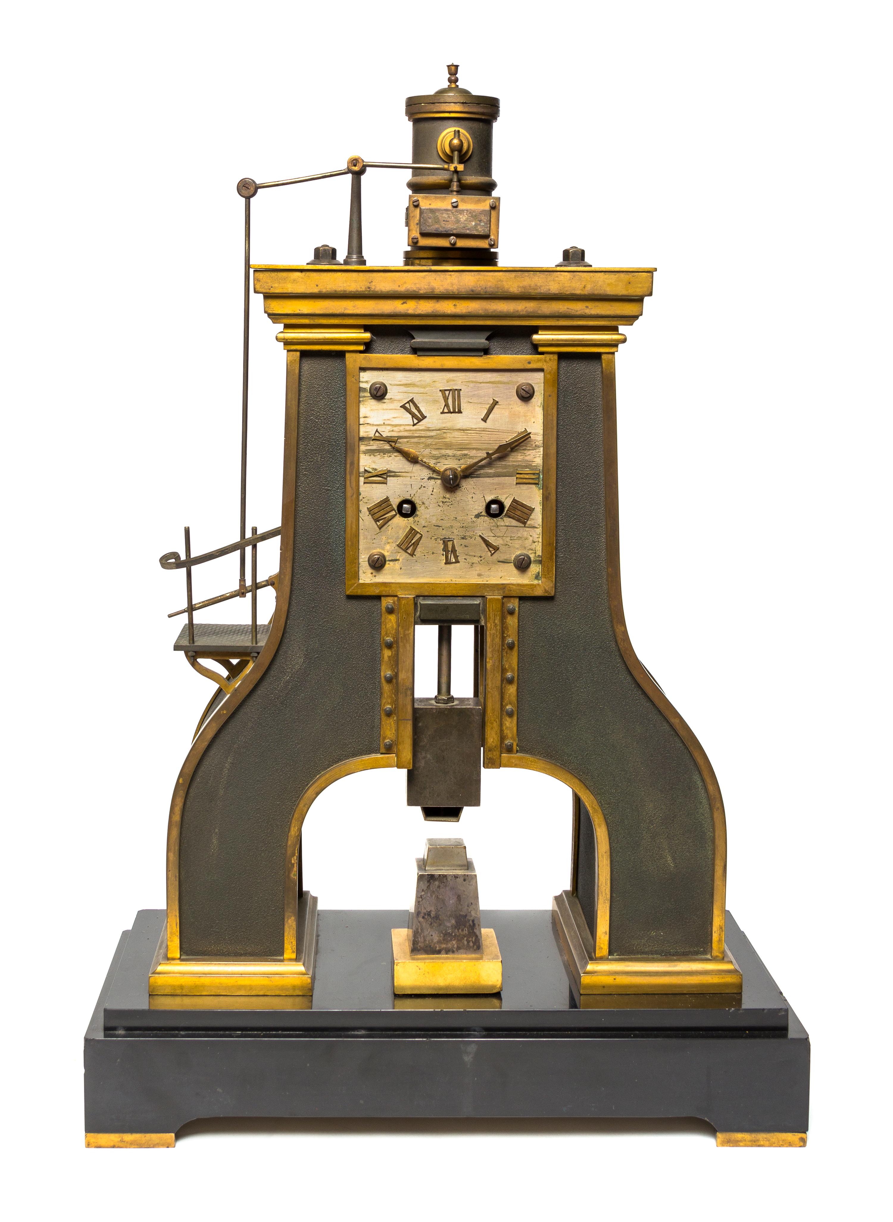 A French Gilt Bronze and Cast Metal Steam Hammer Clock, Guilemt, Height 18 1/8 inches.