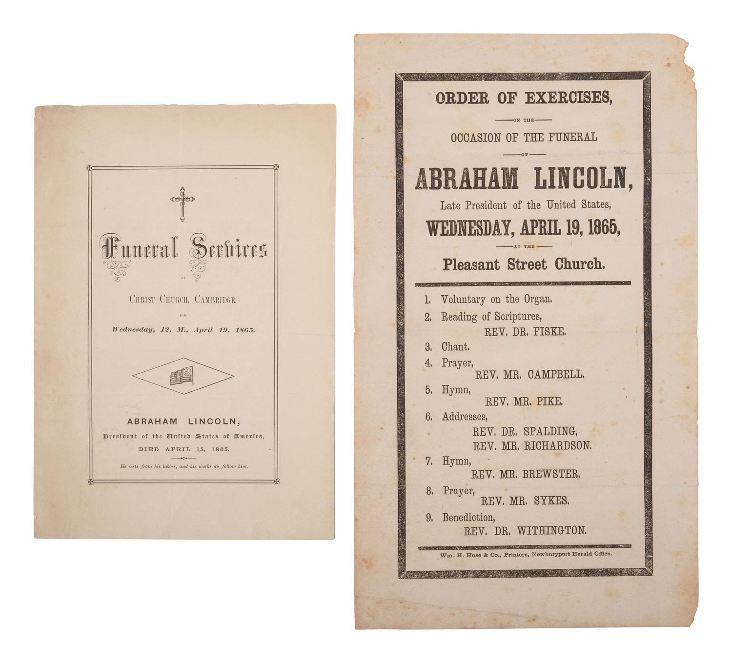 [LINCOLN FUNERAL]. Broadside and program for Lincoln funeral services held in Newburyport and Cambridge, Massachusetts. 19 April 1865.