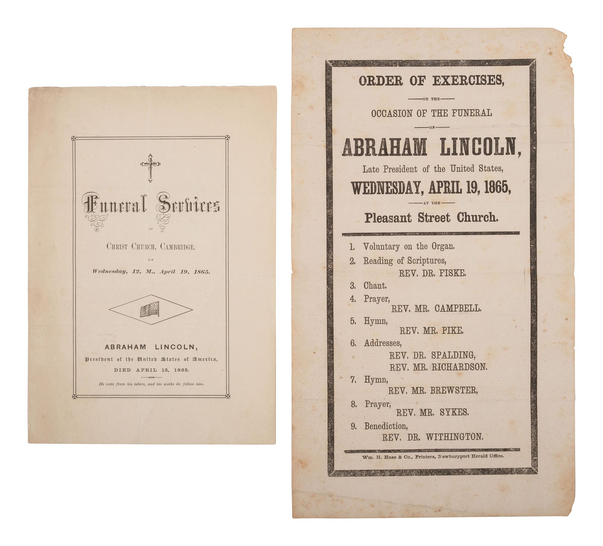 [LINCOLN FUNERAL]. Broadside and program for Lincoln funeral services held in Newburyport and Cambridge, Massachusetts. 19 April 1865.