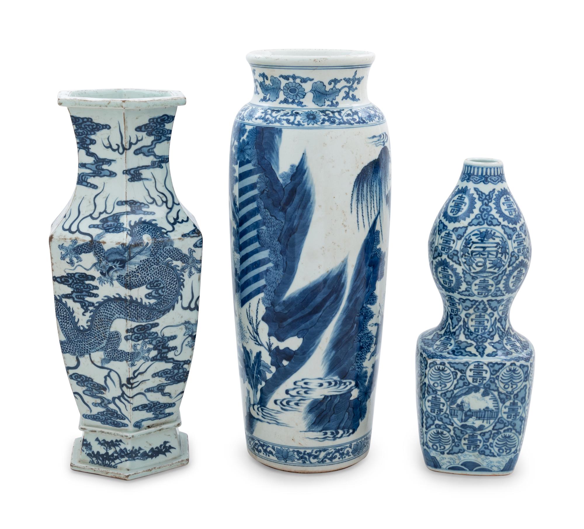 Three Chinese Blue and White Porcelain Vases