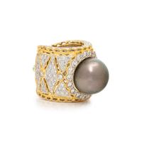 BICOLOR GOLD, DIAMOND, AND CULTURED PEARL RING