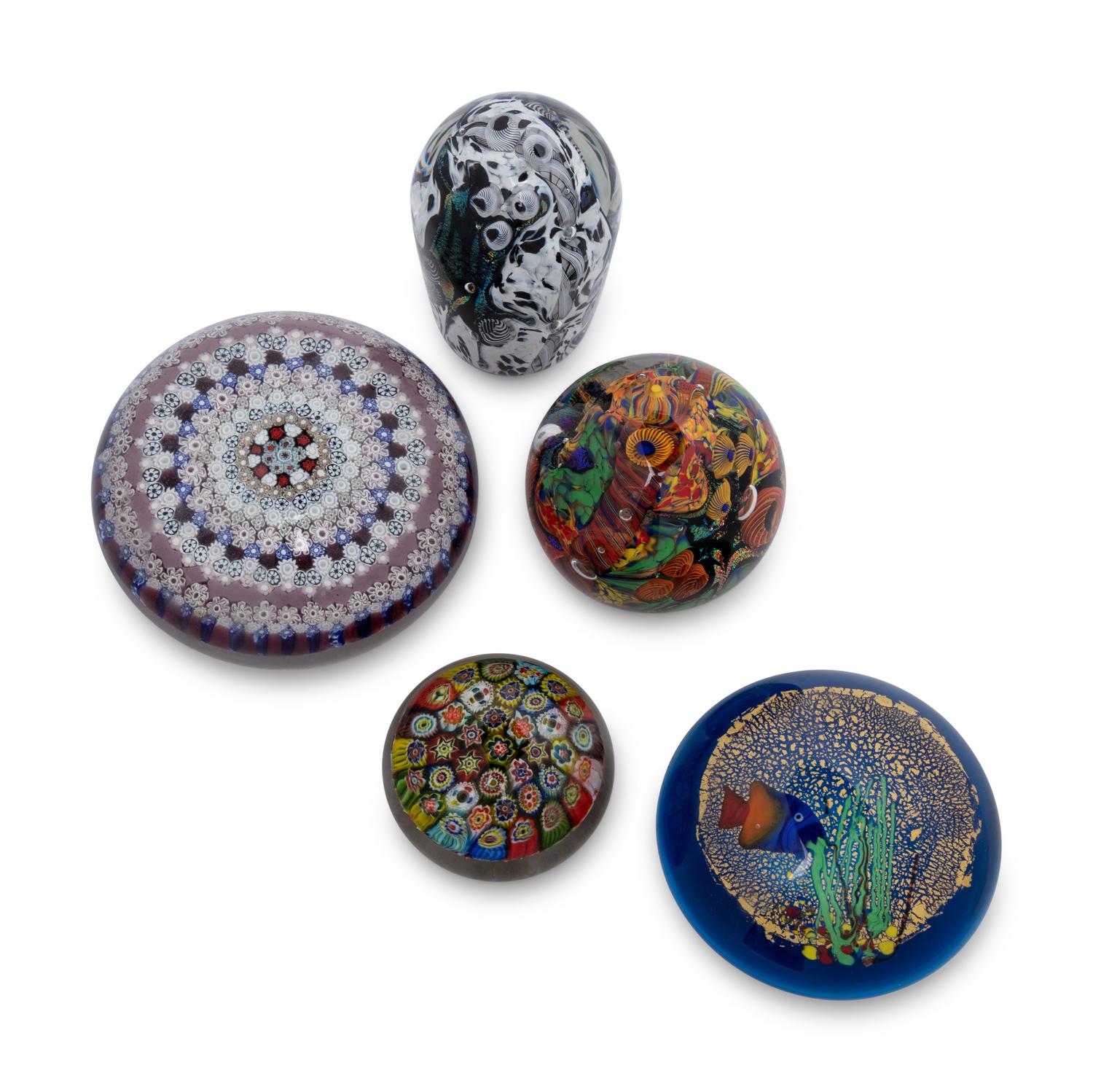 A Group of Five Millefiori Glass Paperweights