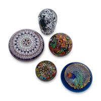 A Group of Five Millefiori Glass Paperweights