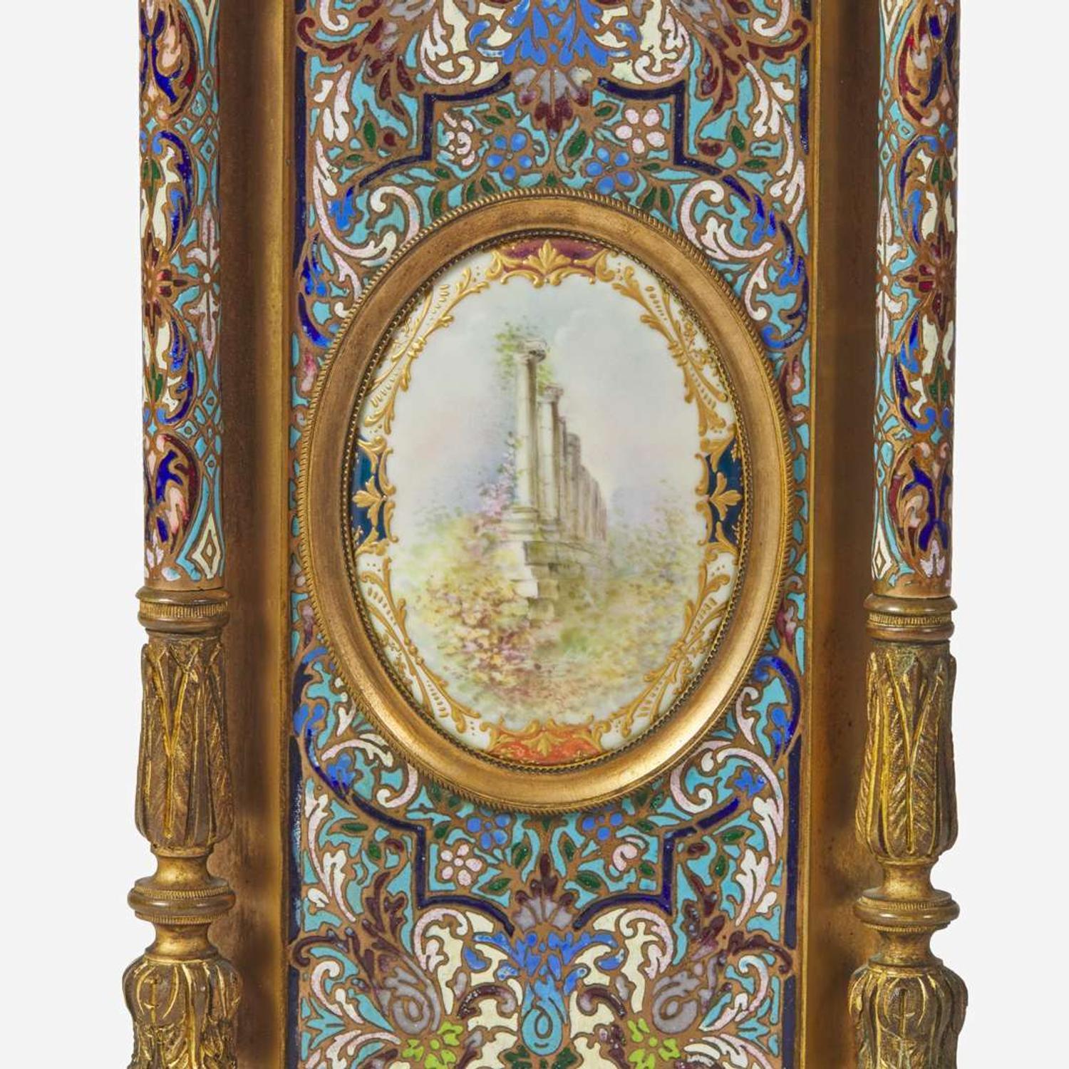 A French cloisonné enamel and gilt-bronze mounted mantel clock with painted porcelain set medallions Imported by Harris & Harrington (1896-1919), New York, circa 1900