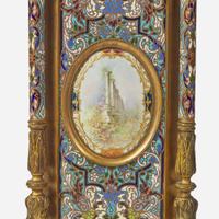 A French cloisonné enamel and gilt-bronze mounted mantel clock with painted porcelain set medallions Imported by Harris & Harrington (1896-1919), New York, circa 1900