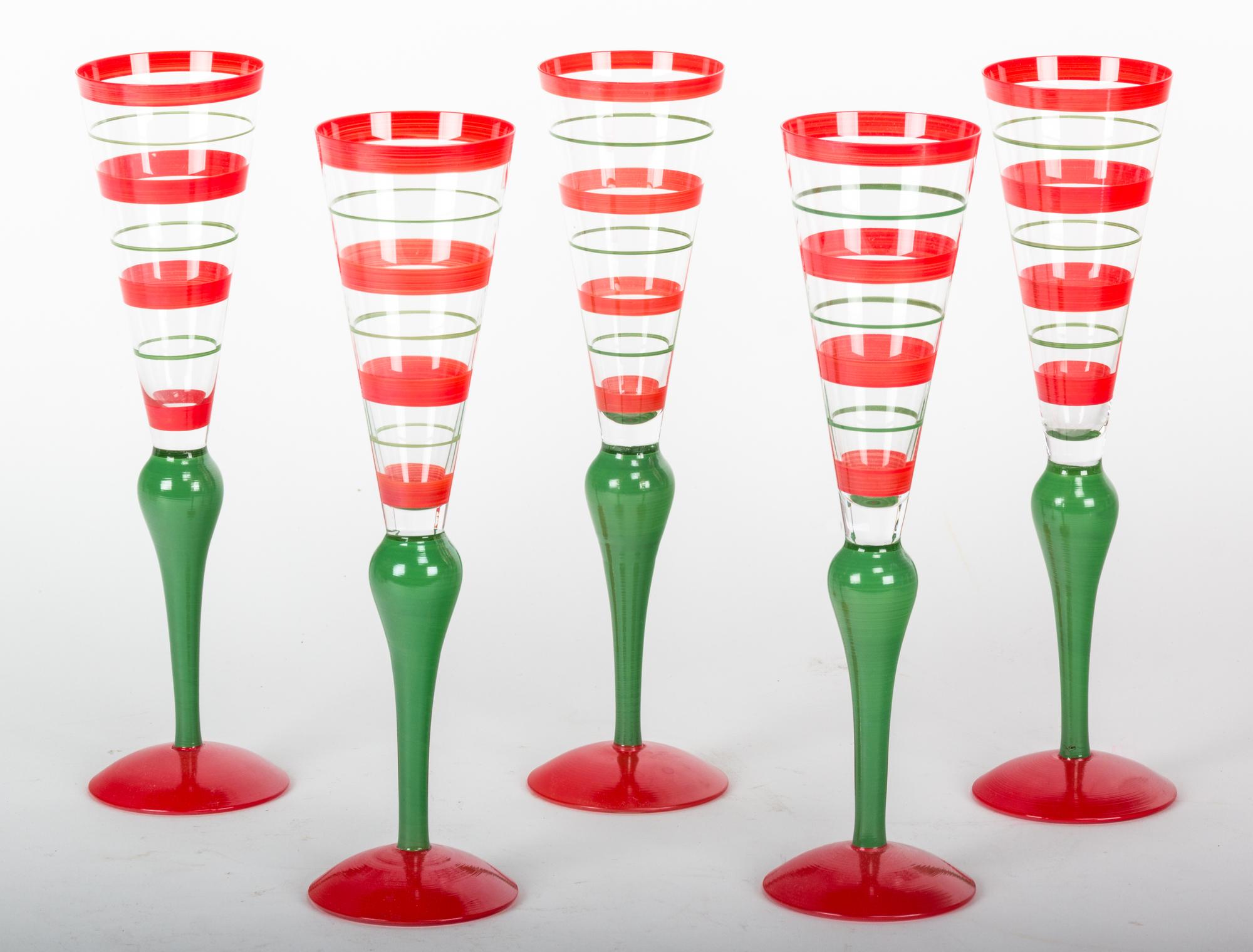 Eleven Hand Painted Champagne Flutes Height 10 5/8 inches.