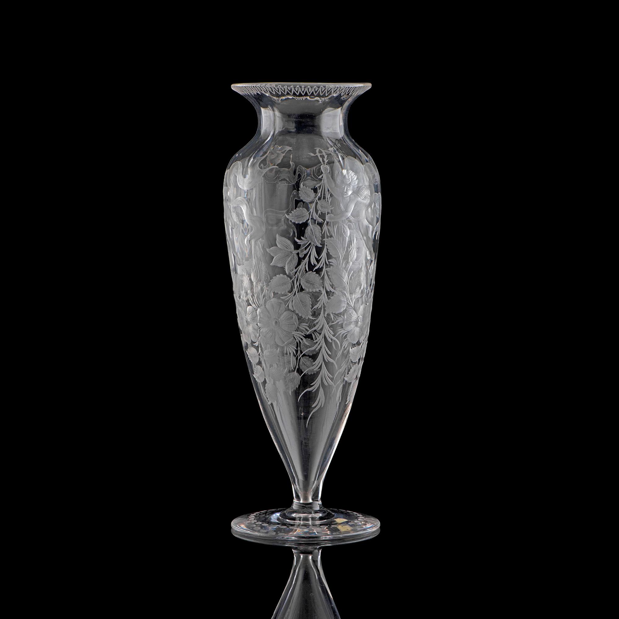 An American Copper Wheel-Engraved Glass Vase with a Wild Rose and Cherub
