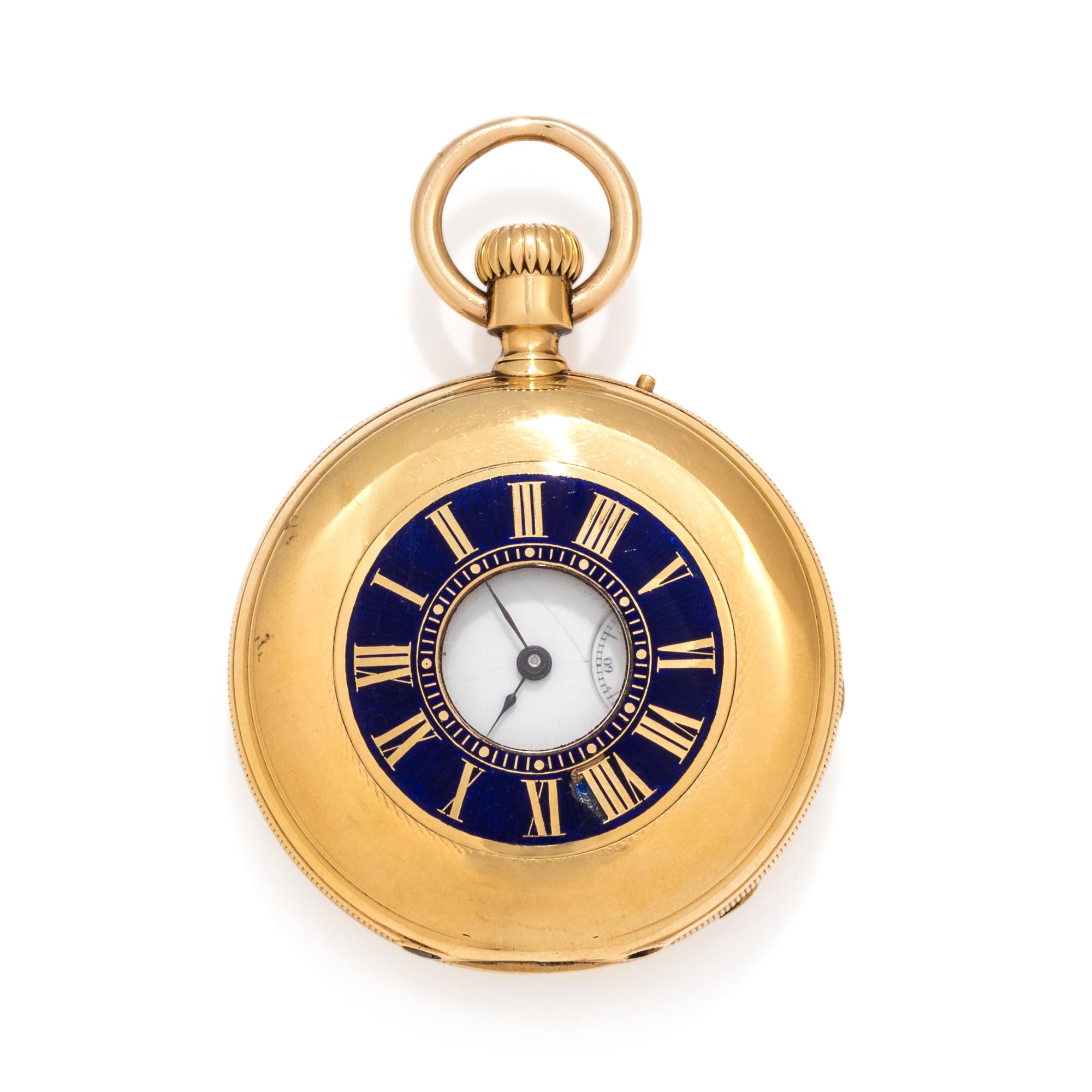 ROSSEL & FILS, D.F. BOUTTE & CO. 18K YELLOW GOLD AND ENAMEL DEMI-HUNTER POCKET WATCH