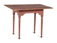 A Queen Anne Red Painted and Turned Maple Button Foot Tavern Table