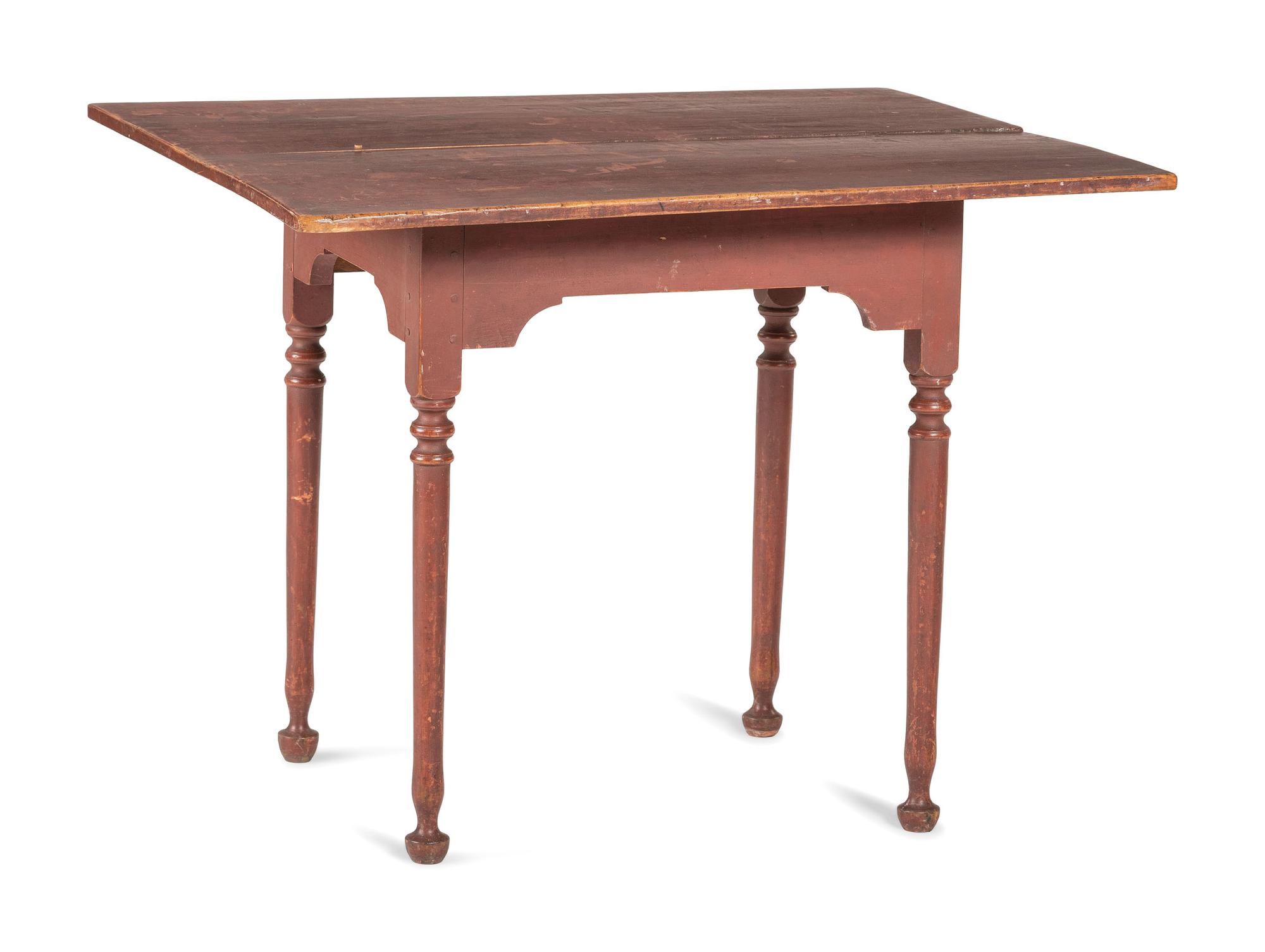 A Queen Anne Red Painted and Turned Maple Button Foot Tavern Table