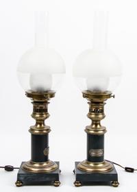 A Pair of French Gilt Brass Mounted Oil Lamps, Brevet Height 23 1/2 inches. — 19TH/20TH CENTURY