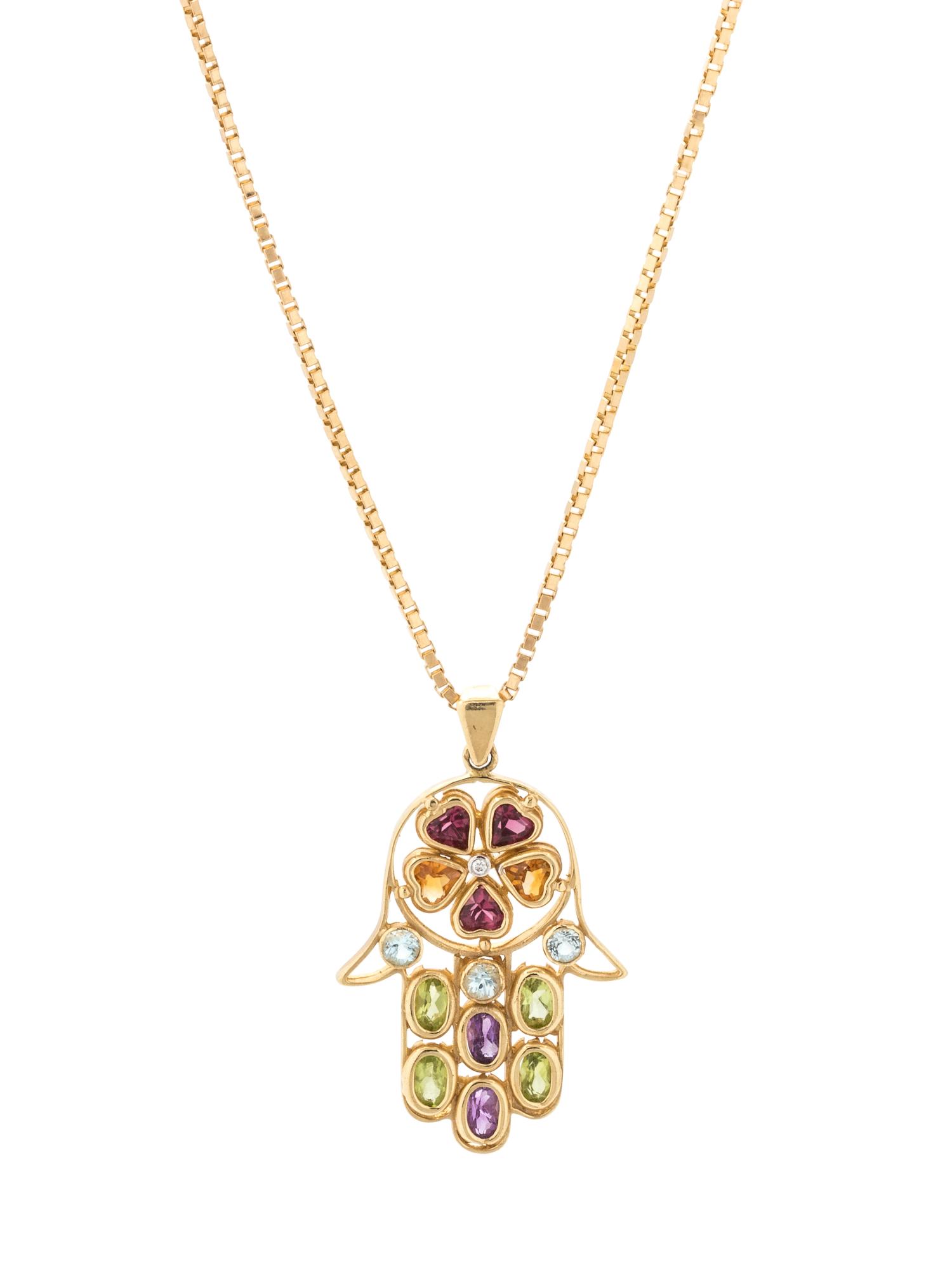 YELLOW GOLD AND MULTIGEM HAMSA PENDANT/NECKLACE