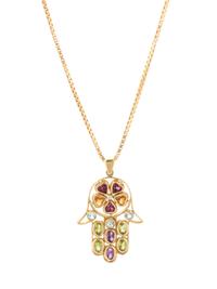 YELLOW GOLD AND MULTIGEM HAMSA PENDANT/NECKLACE
