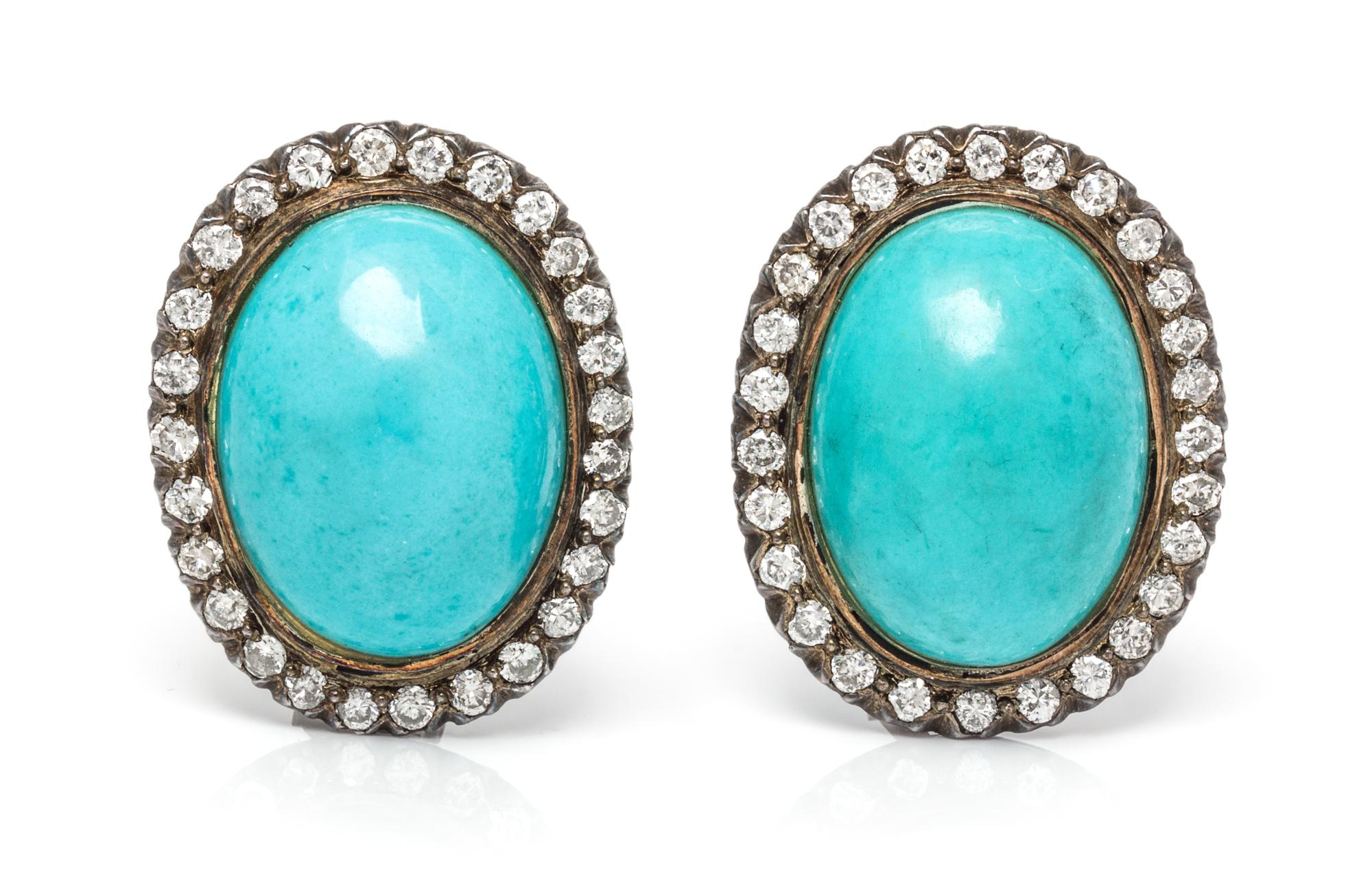 A Pair of Turquoise and Diamond Earclips, 11.30