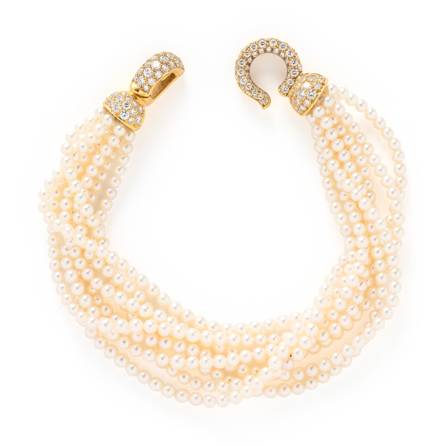 CARTIER, LONDON, CULTURED PEARL AND DIAMOND MULITSTRAND BRACELET