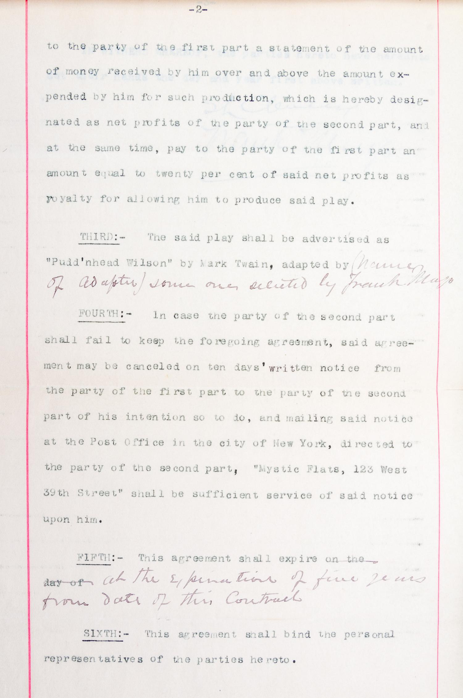 CLEMENS, SAMUEL L. Contract signed for the dramatization of Pudd'nhead Wilson. With a first edition.