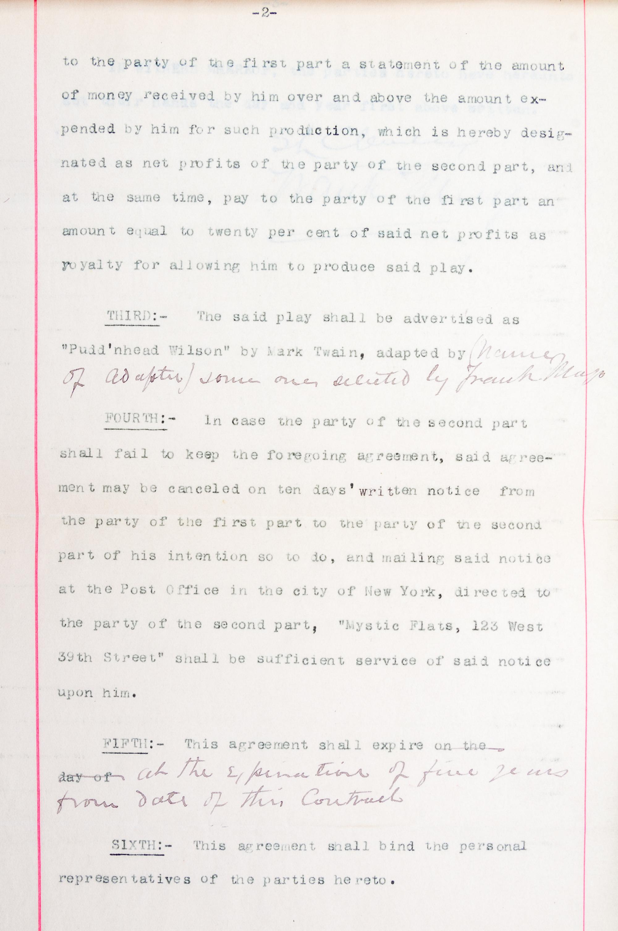 CLEMENS, SAMUEL L. Contract signed for the dramatization of Pudd'nhead Wilson. With a first edition.